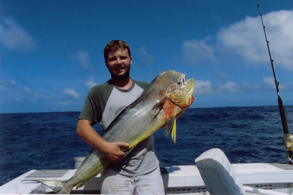 Brendan Parrish's 14 Kg Mahi Mahi caught with a “Little Ripper” “JB Stripy” lure.