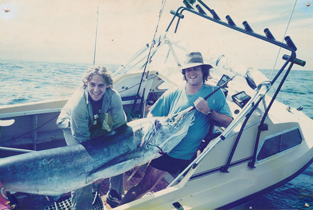 Scott Norval and Mitch Green with a nice striped marlin, their second for the day on "Bone Jarrer", both fish were caught on a 12.5" JB Lures Chook in the skipjack pattern over the legendary Jervis Bay Canyons February 1995.
