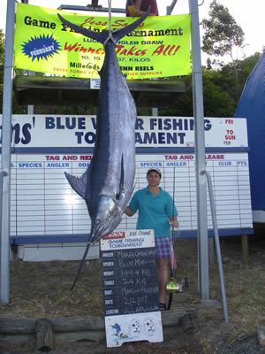 ANGLER: Maria Carnevale. SPECIES: Blue Marlin. WEIGHT or T/R: 149.4 Kg.