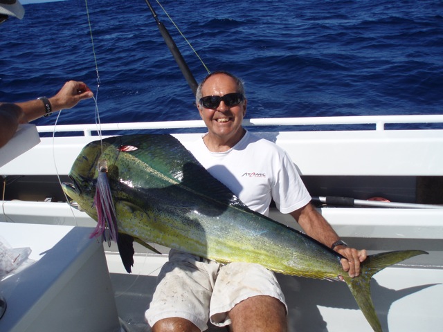 ANGLER: Beau Jones  SPECIES: Dolphin fish (Mahi Mahi)  WEIGHT: 18.0 Kg LURE: J.B. Lures Pink Chook