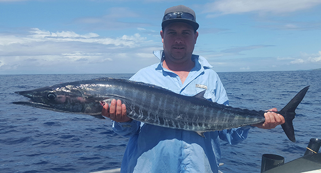 ANGLER: Wayne Clark SPECIES: Wahoo
WEIGHT: 12.4kg LURE: JB Lures 7" Micro Dingo in "lumo"