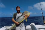 Brendan Parrish's 14 Kg Mahi Mahi caught with a “Little Ripper” “JB Stripy” lure. (29kb)